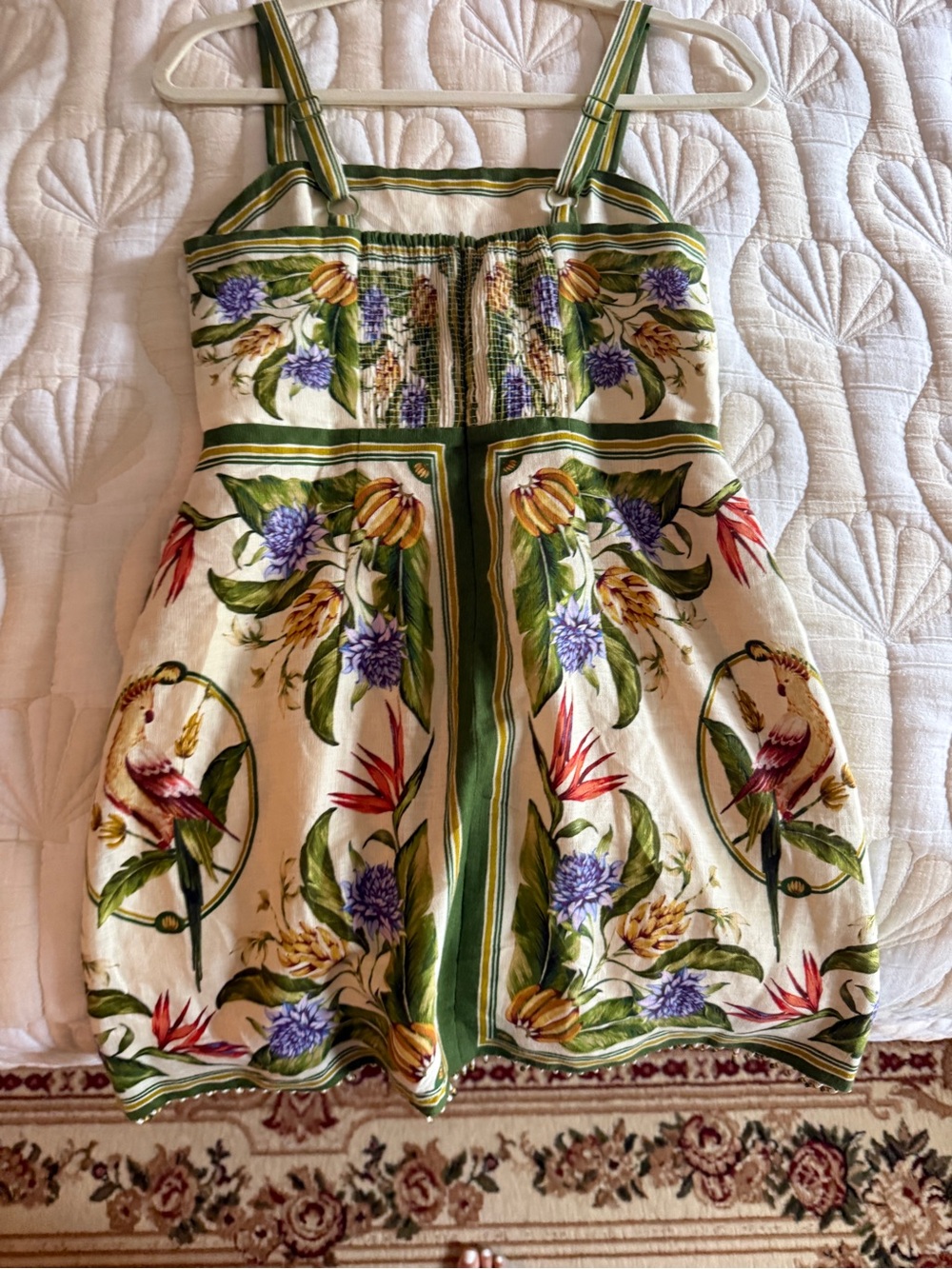 FARM Rio beaded fringe Mini Dress with Green Trim and Multicolor Bird Print - Picture 7 of 9